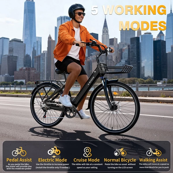 E·Bycco V1 elektromos kerékpár, 250W (500W), 36V 15.6Ah kivehető akku, 25 km/h, akár 90 km hatótáv, 28” e-bike, SHIMANO 7 seb., dupla tárcsafék – Fekete