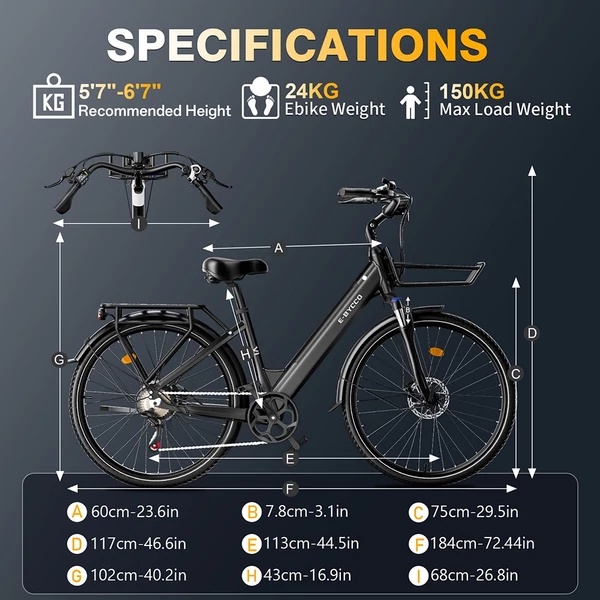 E·Bycco V1 elektromos kerékpár, 250W (500W), 36V 15.6Ah kivehető akku, 25 km/h, akár 90 km hatótáv, 28” e-bike, SHIMANO 7 seb., dupla tárcsafék – Fekete