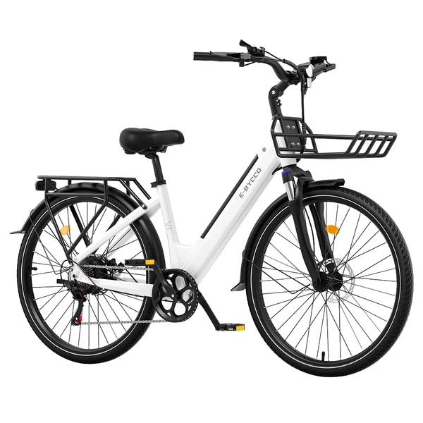 E·Bycco V1 elektromos kerékpár, 250W (500W), 36V 15.6Ah kivehető akku, 25 km/h, akár 90 km hatótáv, 28” e-bike, SHIMANO 7 seb., dupla tárcsafék – Fehér
