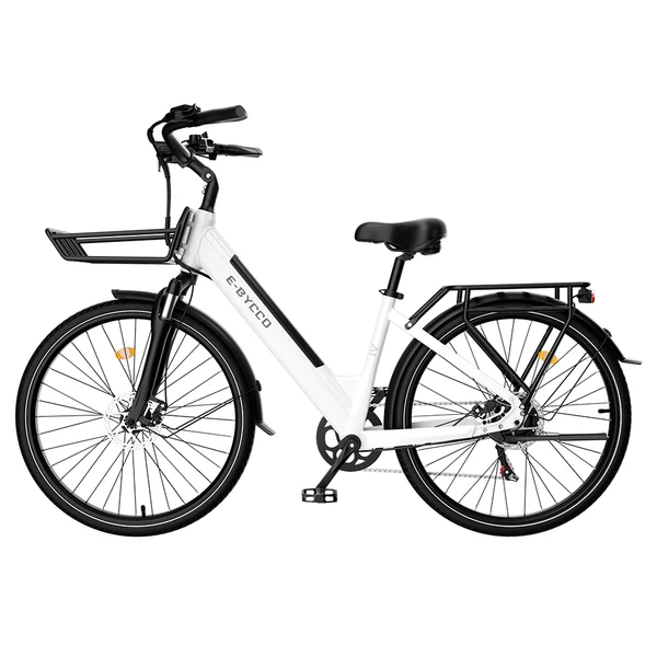 E·Bycco V1 elektromos kerékpár, 250W (500W), 36V 15.6Ah kivehető akku, 25 km/h, akár 90 km hatótáv, 28” e-bike, SHIMANO 7 seb., dupla tárcsafék – Fehér