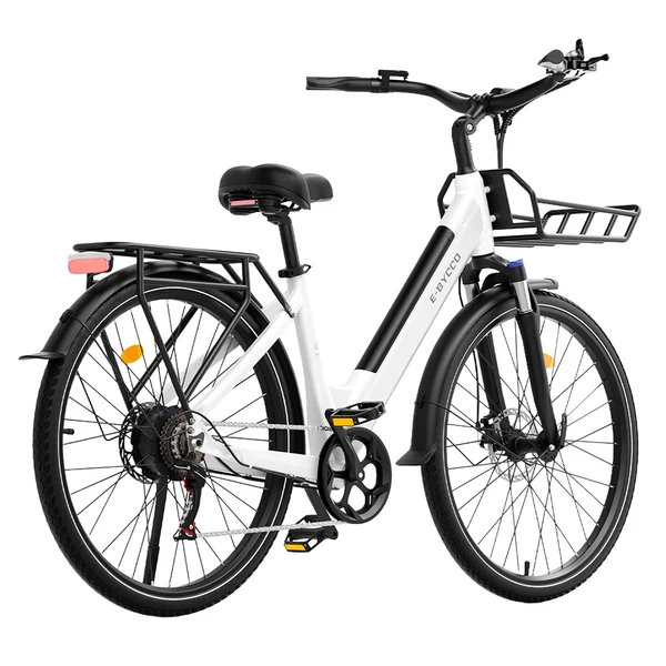 E·Bycco V1 elektromos kerékpár, 250W (500W), 36V 15.6Ah kivehető akku, 25 km/h, akár 90 km hatótáv, 28” e-bike, SHIMANO 7 seb., dupla tárcsafék – Fehér