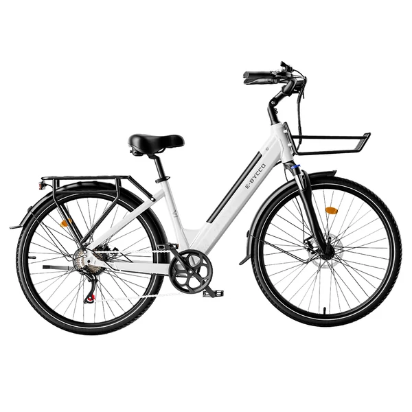 E·Bycco V1 elektromos kerékpár, 250W (500W), 36V 15.6Ah kivehető akku, 25 km/h, akár 90 km hatótáv, 28” e-bike, SHIMANO 7 seb., dupla tárcsafék – Fehér