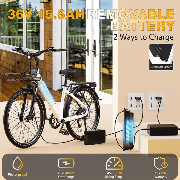 E·Bycco V1 elektromos kerékpár, 250W (500W), 36V 15.6Ah kivehető akku, 25 km/h, akár 90 km hatótáv, 28” e-bike, SHIMANO 7 seb., dupla tárcsafék – Fehér