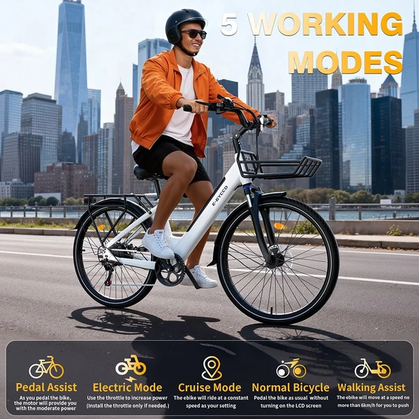 E·Bycco V1 elektromos kerékpár, 250W (500W), 36V 15.6Ah kivehető akku, 25 km/h, akár 90 km hatótáv, 28” e-bike, SHIMANO 7 seb., dupla tárcsafék – Fehér