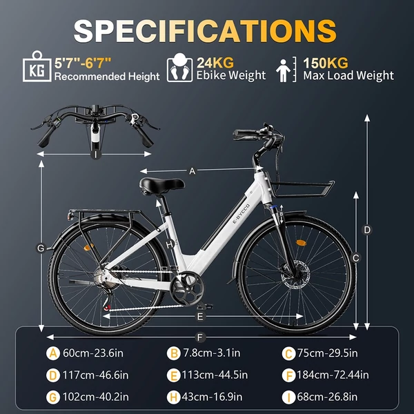 E·Bycco V1 elektromos kerékpár, 250W (500W), 36V 15.6Ah kivehető akku, 25 km/h, akár 90 km hatótáv, 28” e-bike, SHIMANO 7 seb., dupla tárcsafék – Fehér