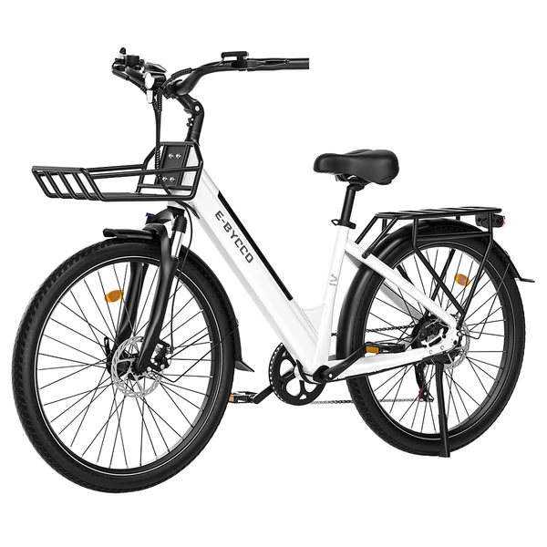 E·Bycco V1 elektromos kerékpár, 250W (500W), 36V 15.6Ah kivehető akku, 25 km/h, akár 90 km hatótáv, 28” e-bike, SHIMANO 7 seb., dupla tárcsafék – Fehér