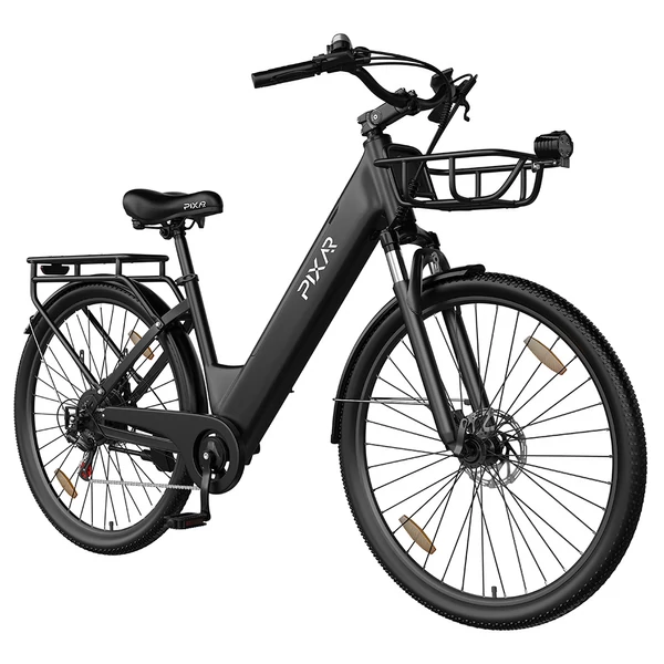 PIXAR C1 PRO városi elektromos kerékpár, 250W motor, 36V 18Ah akku, 80–100 km hatótáv, 25 km/h, Shimano 7 fokozat, hidraulikus fék, kosárral – Fekete