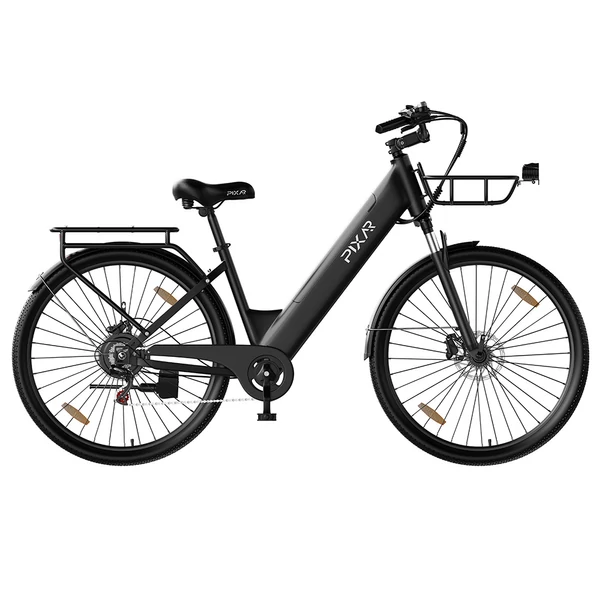 PIXAR C1 PRO városi elektromos kerékpár, 250W motor, 36V 18Ah akku, 80–100 km hatótáv, 25 km/h, Shimano 7 fokozat, hidraulikus fék, kosárral – Fekete