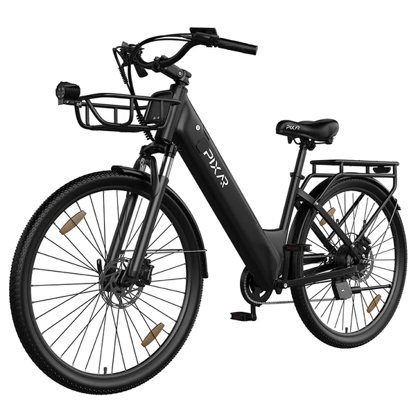 PIXAR C1 PRO városi elektromos kerékpár, 250W motor, 36V 18Ah akku, 80–100 km hatótáv, 25 km/h, Shimano 7 fokozat, hidraulikus fék, kosárral – Fekete