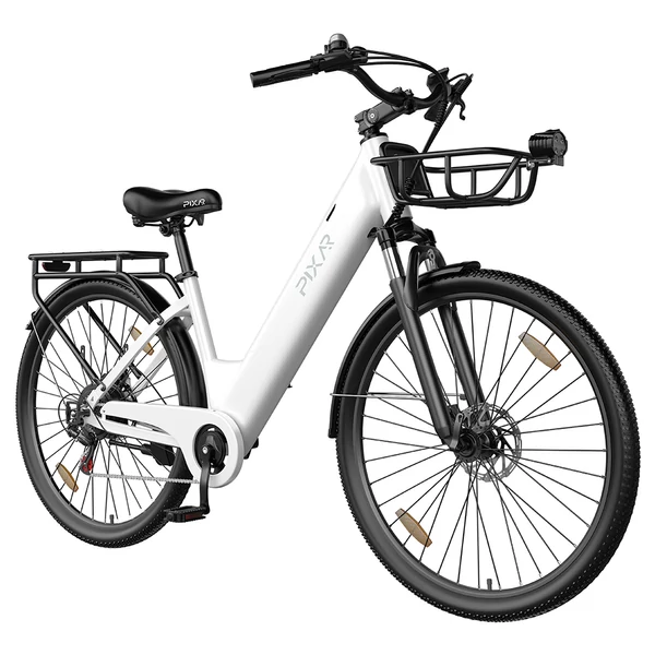 PIXAR C1 PRO városi elektromos kerékpár, 250W motor, 36V 18Ah akku, 80–100 km hatótáv, 25 km/h, Shimano 7 fokozat, hidraulikus fék, kosárral – Fehér