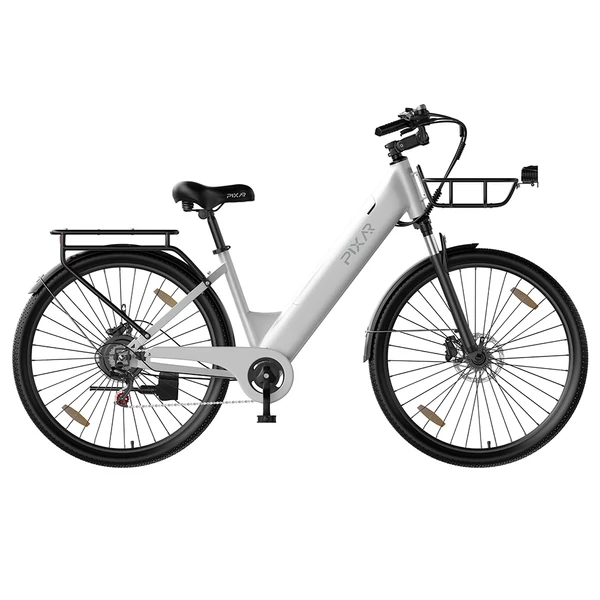 PIXAR C1 PRO városi elektromos kerékpár, 250W motor, 36V 18Ah akku, 80–100 km hatótáv, 25 km/h, Shimano 7 fokozat, hidraulikus fék, kosárral – Fehér