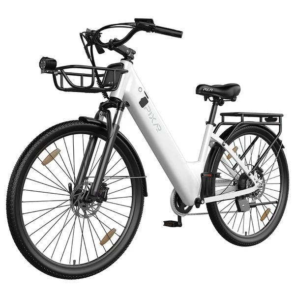 PIXAR C1 PRO városi elektromos kerékpár, 250W motor, 36V 18Ah akku, 80–100 km hatótáv, 25 km/h, Shimano 7 fokozat, hidraulikus fék, kosárral – Fehér