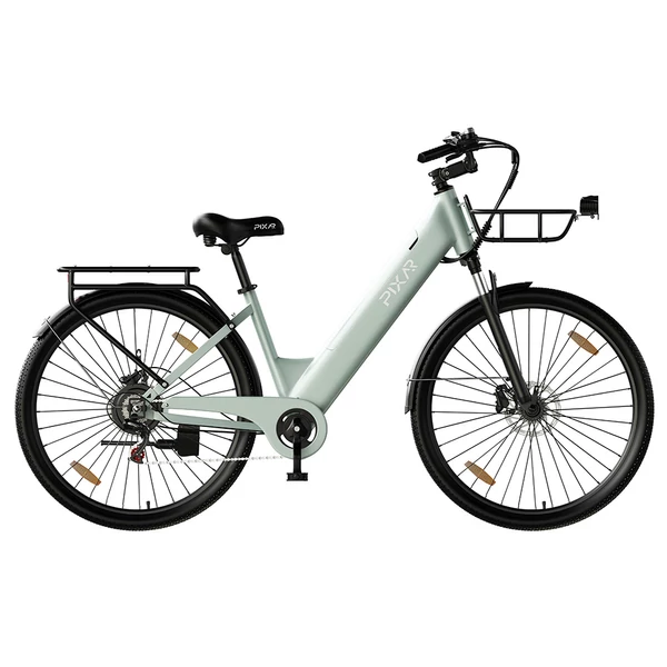 PIXAR C1 PRO városi elektromos kerékpár, 250W motor, 36V 18Ah akku, 80–100 km hatótáv, 25 km/h, Shimano 7 fokozat, hidraulikus fék, kosárral – Zöld