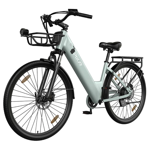 PIXAR C1 PRO városi elektromos kerékpár, 250W motor, 36V 18Ah akku, 80–100 km hatótáv, 25 km/h, Shimano 7 fokozat, hidraulikus fék, kosárral – Zöld