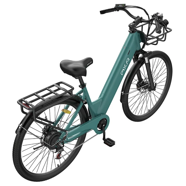 PIXAR C1 PRO városi elektromos kerékpár, 250W motor, 36V 18Ah akku, 80–100 km hatótáv, 25 km/h, Shimano 7 fokozat, hidraulikus fék, kosárral – Kék