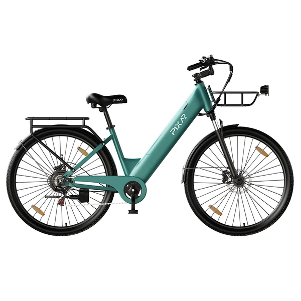 PIXAR C1 PRO városi elektromos kerékpár, 250W motor, 36V 18Ah akku, 80–100 km hatótáv, 25 km/h, Shimano 7 fokozat, hidraulikus fék, kosárral – Kék