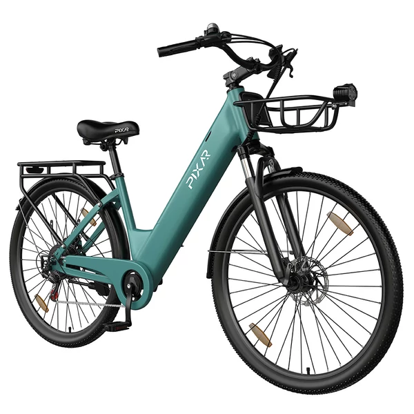 PIXAR C1 PRO városi elektromos kerékpár, 250W motor, 36V 18Ah akku, 80–100 km hatótáv, 25 km/h, Shimano 7 fokozat, hidraulikus fék, kosárral – Kék