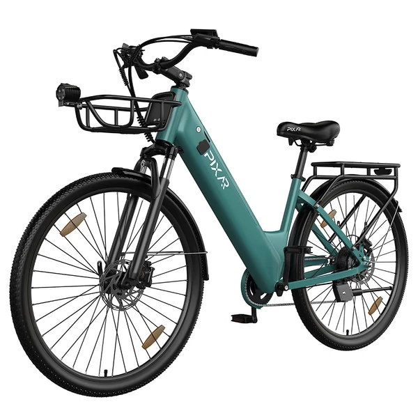 PIXAR C1 PRO városi elektromos kerékpár, 250W motor, 36V 18Ah akku, 80–100 km hatótáv, 25 km/h, Shimano 7 fokozat, hidraulikus fék, kosárral – Kék