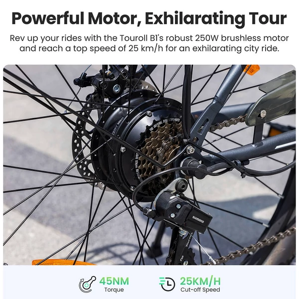 Touroll B1 elektromos városi kerékpár, 250W motorral, 45Nm nyomatékkal, 26x1.95 gumi, 36V 15.6Ah akkumulátor, 90km hatótáv, 7 sebesség, IPX4 – Szürke