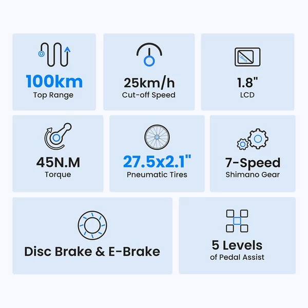 Touroll J1 27.5" trekking kerékpár, 250W motorral, 36V 15.6Ah akkumulátorral, max 100km hatótávval, 1.8" LCD kijelző, Shimano 7 sebesség, tárcsafék – Fekete