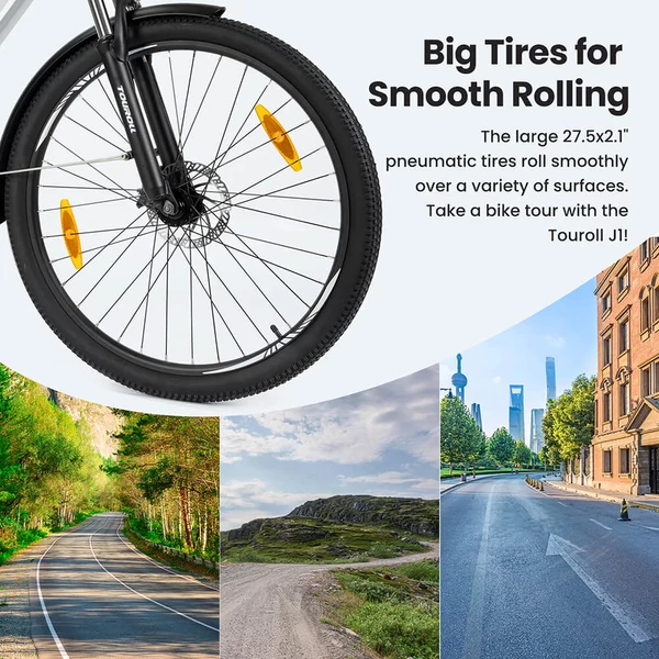 Touroll J1 27.5" trekking kerékpár, 250W motorral, 36V 15.6Ah akkumulátorral, max 100km hatótávval, 1.8" LCD kijelző, Shimano 7 sebesség, tárcsafék – Fekete