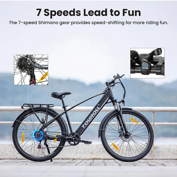 Touroll J1 27.5" trekking kerékpár, 250W motorral, 36V 15.6Ah akkumulátorral, max 100km hatótávval, 1.8" LCD kijelző, Shimano 7 sebesség, tárcsafék – Fekete
