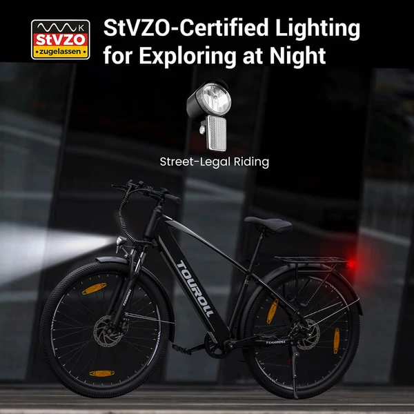 Touroll J1 27.5" trekking kerékpár, 250W motorral, 36V 15.6Ah akkumulátorral, max 100km hatótávval, 1.8" LCD kijelző, Shimano 7 sebesség, tárcsafék – Fekete