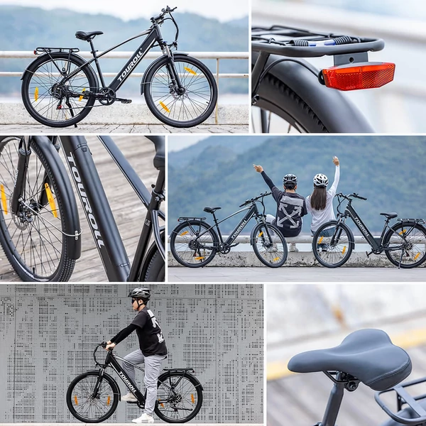 Touroll J1 27.5" trekking kerékpár, 250W motorral, 36V 15.6Ah akkumulátorral, max 100km hatótávval, 1.8" LCD kijelző, Shimano 7 sebesség, tárcsafék – Fekete