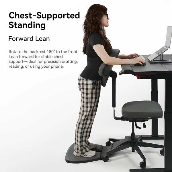 NEWTRAL MT-M Standing‑Mate ergonomikus álló szék, 5 az 1-ben adaptív ülés, dönthető háttámla, állítható magasság, 150kg teherbírás – Sötétszürke
