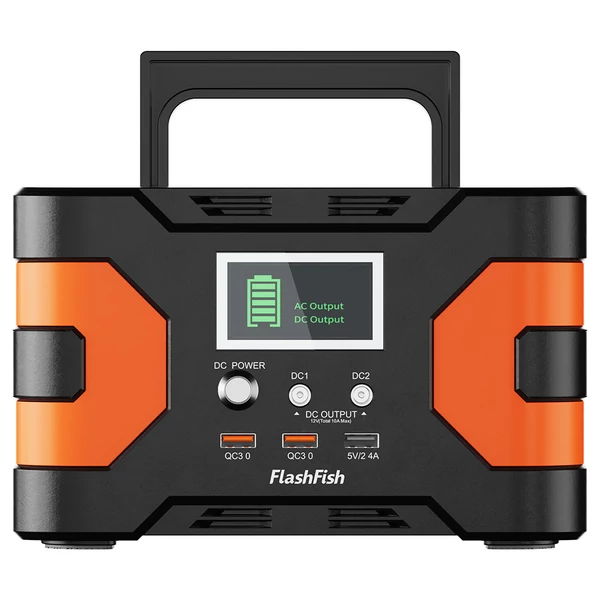 FlashFish EA200 hordozható áramforrás, 200W tiszta szinusz kimenet, 400W csúcs, 230V AC, QC3.0 gyorstöltés, falról/napról/autóról tölthető