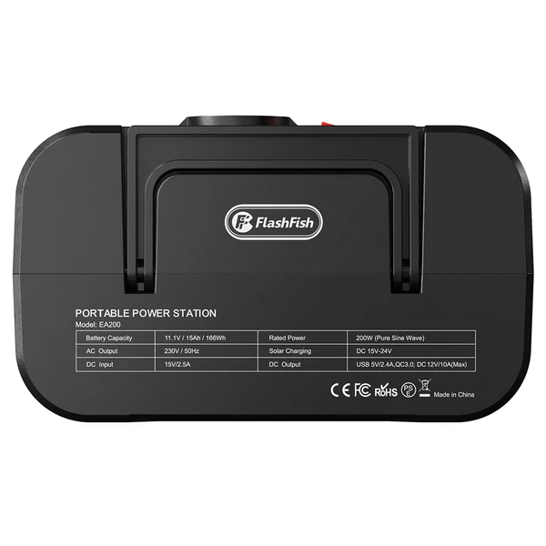 FlashFish EA200 hordozható áramforrás, 200W tiszta szinusz kimenet, 400W csúcs, 230V AC, QC3.0 gyorstöltés, falról/napról/autóról tölthető