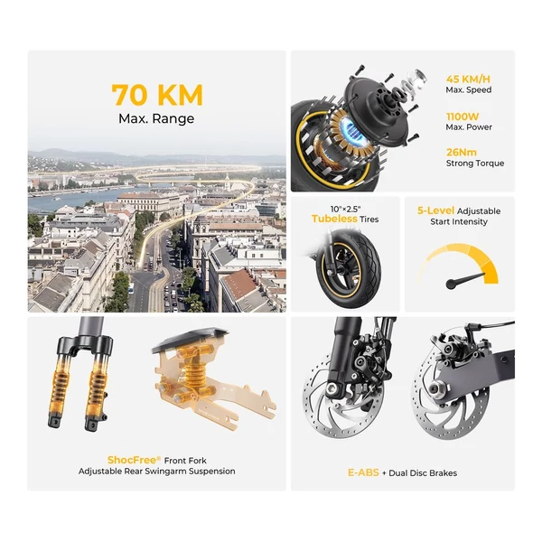 Ausom K20 elektromos roller, 1100W csúcsteljesítmény, 70km hatótáv, 45km/h, 48V 13.5Ah akku, dupla tárcsafék, 10" tömlő nélküli gumi, NFC, összecsukható