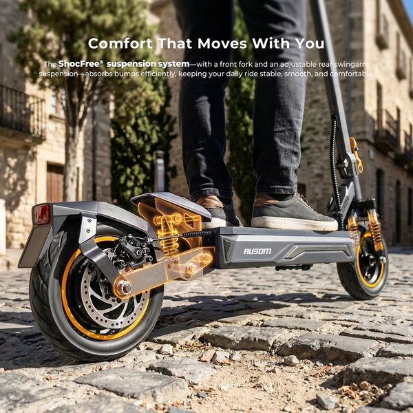 Ausom K20 elektromos roller, 1100W csúcsteljesítmény, 70km hatótáv, 45km/h, 48V 13.5Ah akku, dupla tárcsafék, 10" tömlő nélküli gumi, NFC, összecsukható