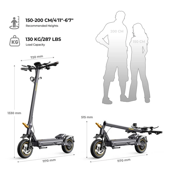 Ausom K20 elektromos roller, 1100W csúcsteljesítmény, 70km hatótáv, 45km/h, 48V 13.5Ah akku, dupla tárcsafék, 10" tömlő nélküli gumi, NFC, összecsukható
