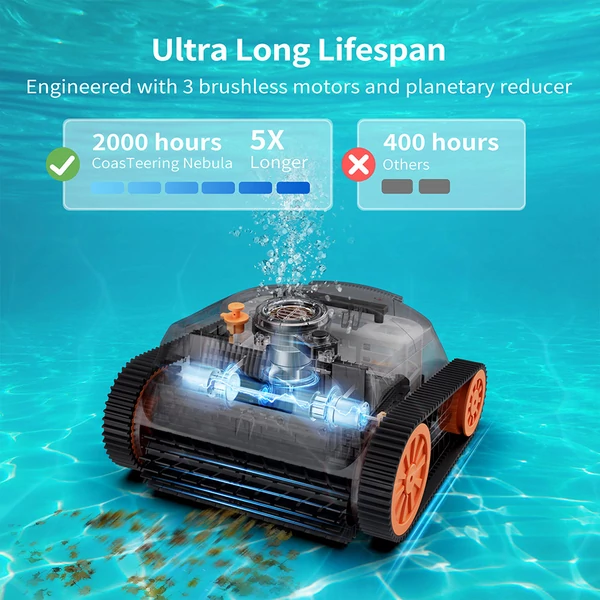 CoasTeering Nebula vezeték nélküli robot medencetisztító, 180 perc üzemidő, falmászás, vízvonal tisztítás, kefe nélküli motor, okos navigáció