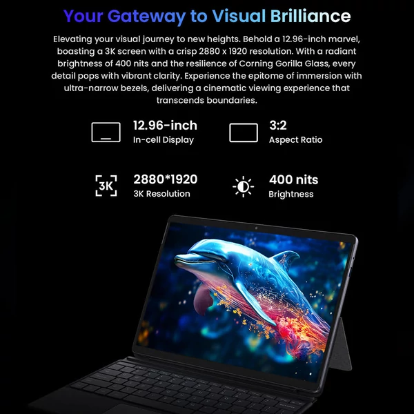CHUWI Hi10 Max tablet billentyűzettel és stylusszal, Intel N150, 12.96'' 2880×1920 IPS, 12GB RAM, 512GB SSD, USB‑C/Micro HDMI, WiFi6, 8MP+5MP kamera