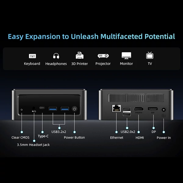 BMAX B9 Power mini PC, Intel Core i9‑12900H, 24GB RAM, 1TB SSD, DP/HDMI/Type‑C 4K, HDR, WiFi 6, BT 5.2, USB3.2/USB2.0, RJ45, 3.5mm, kapszula hűtés