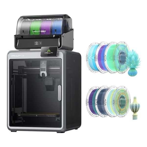 Creality K2 Combo 3D nyomtató + 6kg Mecpow HS PETG filament – indigó‑fehér/kék‑zöld/kék‑fehér‑narancs/kék‑fehér/zöld‑lila/kék‑lila