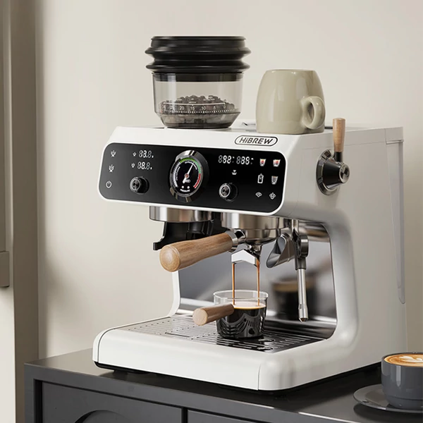 HiBREW H7B eszpresszógép, dupla fűtés, 58mm portafilter, 30 fokozatú őrlő, érintőkijelző, kávézóba, hotelbe, étterembe