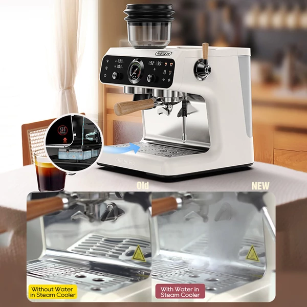 HiBREW H7B eszpresszógép, dupla fűtés, 58mm portafilter, 30 fokozatú őrlő, érintőkijelző, kávézóba, hotelbe, étterembe