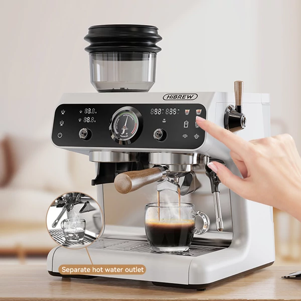 HiBREW H7B eszpresszógép, dupla fűtés, 58mm portafilter, 30 fokozatú őrlő, érintőkijelző, kávézóba, hotelbe, étterembe