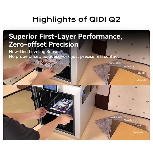 QIDI Q2C 3D nyomtató, 600 mm/s sebesség, 370 °C fém hotend, multianyag nyomtatás, 270×270×256 mm térfogat, CoreXY, automata szintezés, PEI lap