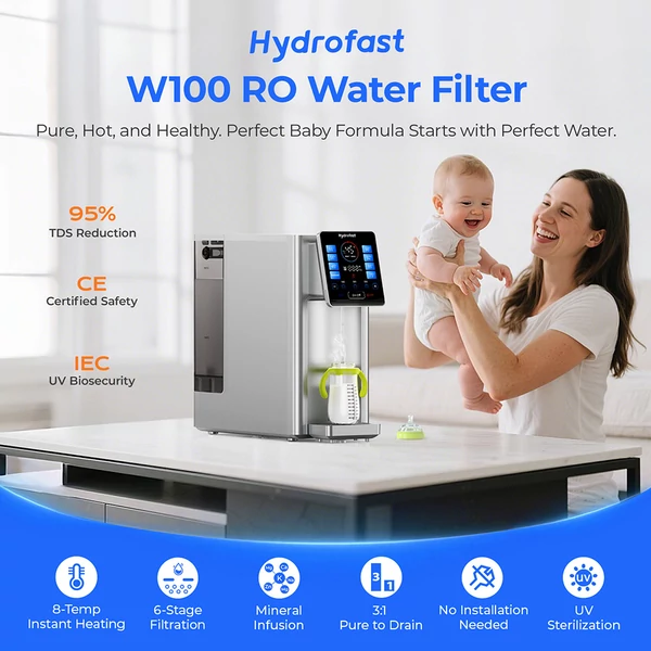 Hydrofast W100 pultos víztisztító forró és szobahőmérsékletű vízzel, 8 hőfok, 3 mp alatt forró víz, 6 lépcsős RO szűrés, 15 vízmennyiség‑fokozat