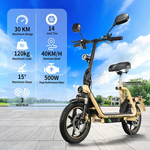 TWOFISH M5 Elite‑E EEC minősített elektromos roller üléssel és kosárral, 500W motorral, 48V 13Ah akkumulátorral, 40km/h, 30km hatótáv – Bézs