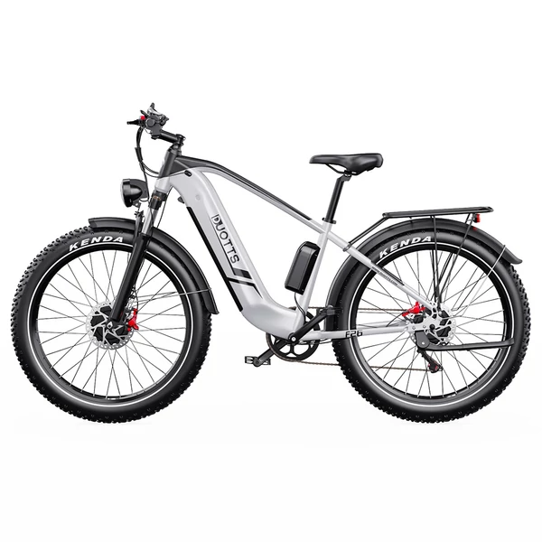 DUOTTS F26 Lite elektromos kerékpár, 500W motor, 48V 18Ah akkumulátor, 26×4.0 gumi, 50km/h, 90km hatótáv, hidraulikus fék, APP vezérlés – Ezüst‑fehér