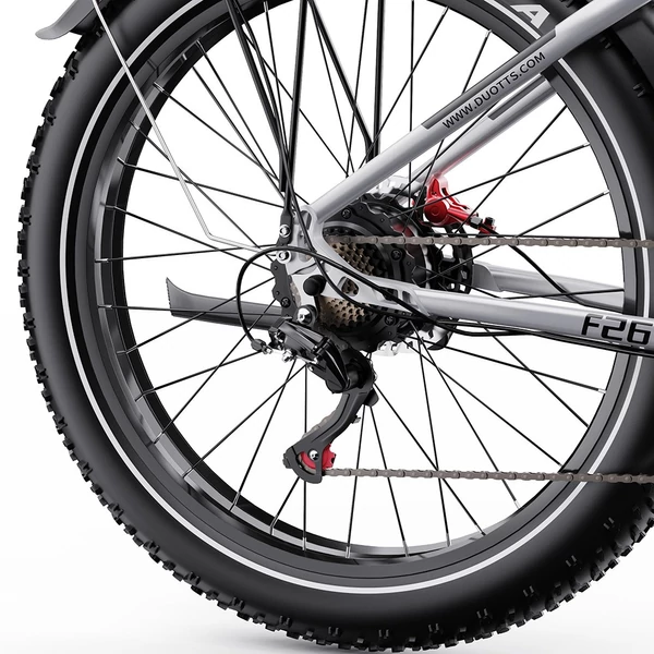 DUOTTS F26 Lite elektromos kerékpár, 500W motor, 48V 18Ah akkumulátor, 26×4.0 gumi, 50km/h, 90km hatótáv, hidraulikus fék, APP vezérlés – Ezüst‑fehér