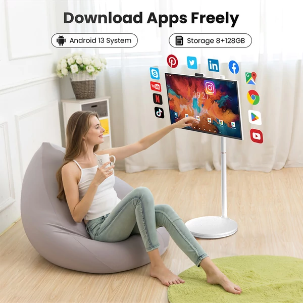 MESWAO 32'' okos mobil kijelző, Android 13, 8GB RAM 128GB ROM, okta‑core, 1080P FHD IPS érintő, 300 nits, 10000mAh, WiFi BT, HDMI, privát kamera, állvány