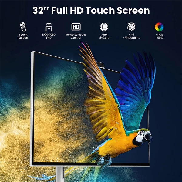 MESWAO 32'' okos mobil kijelző, Android 13, 8GB RAM 128GB ROM, okta‑core, 1080P FHD IPS érintő, 300 nits, 10000mAh, WiFi BT, HDMI, privát kamera, állvány