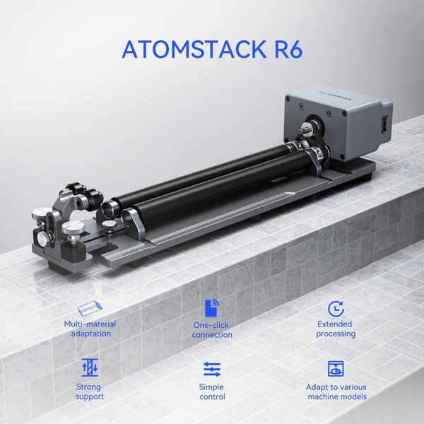 ATOMSTACK R6 forgóhenger emelőtalpakkal, gravírozó gépekhez, állítható magasságú rotary roller kiegészítő