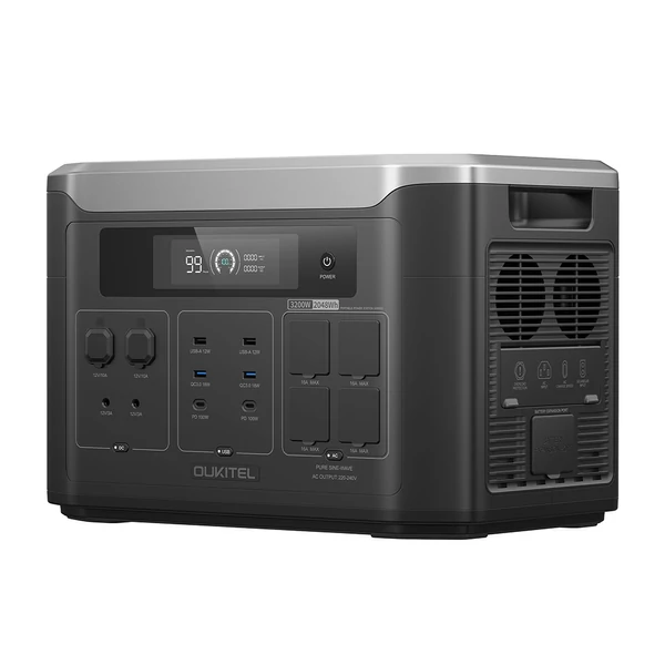 OUKITEL BP3000E hordozható erőmű, 2048Wh LiFePO4 akkumulátor, 3200W AC kimenet, 1000W napelem bemenet, UPS, Bluetooth/WiFi vezérlés